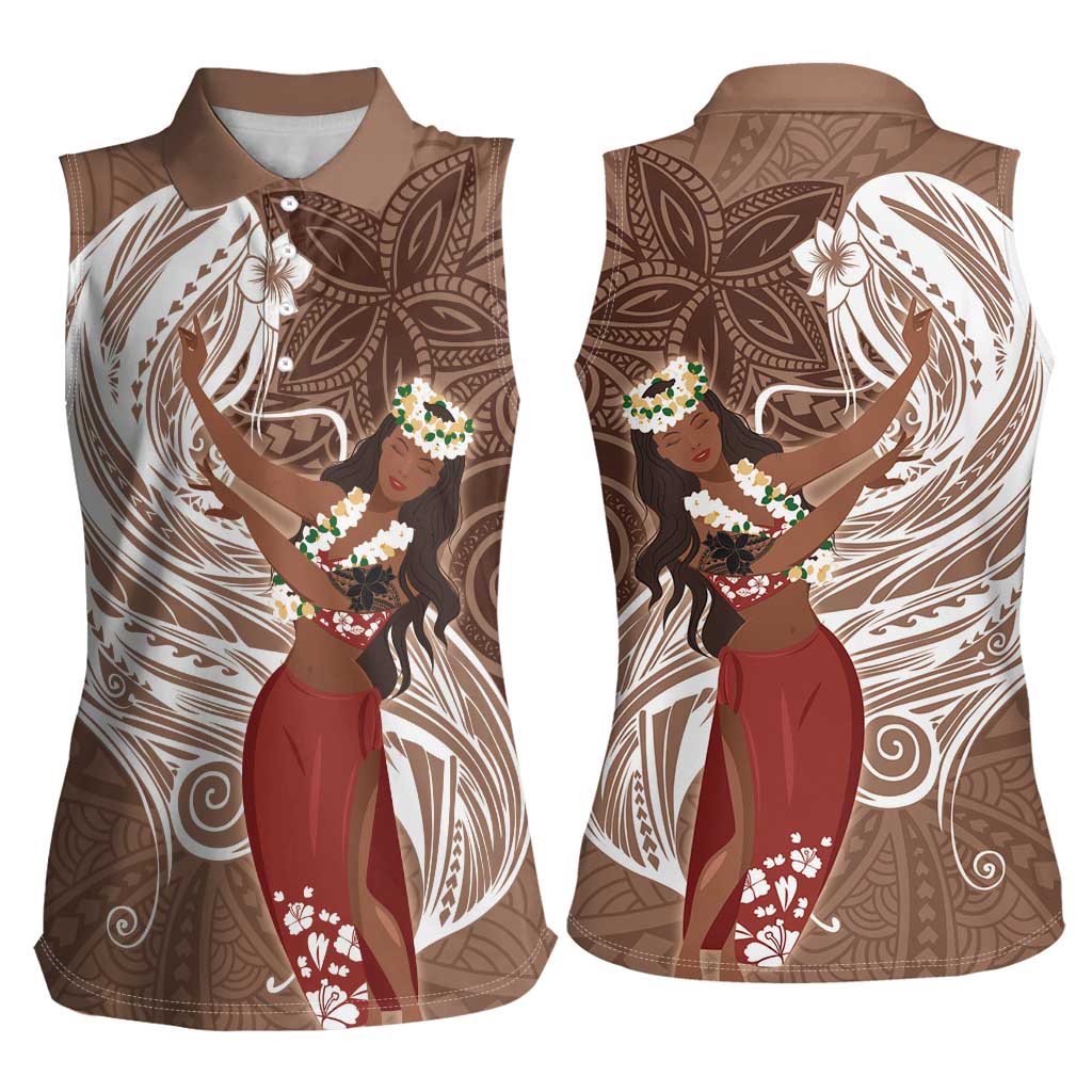 Tahiti Islands Polynesian Plumeria Women Sleeveless Polo Shirt Tahitian Vahine 'Ote'a - Beige LT7 - Polynesian Pride
