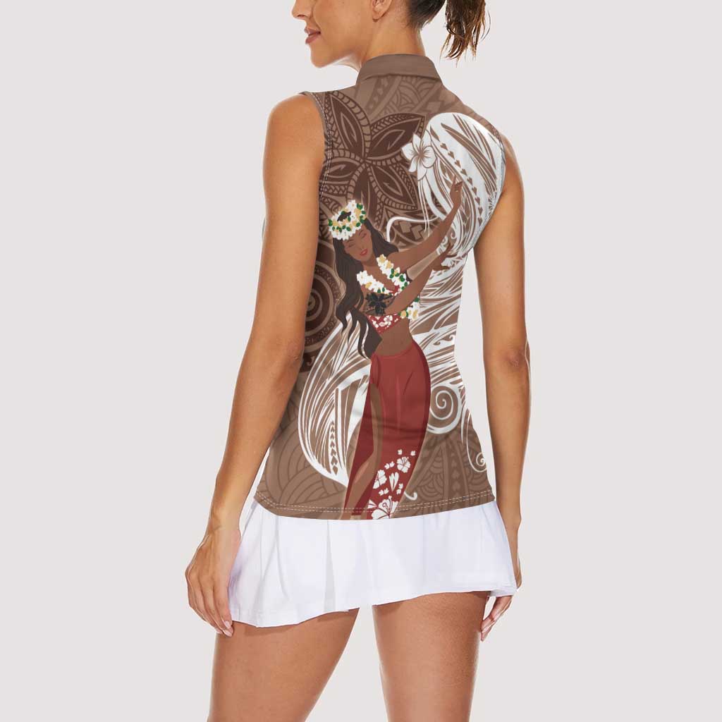 Tahiti Islands Polynesian Plumeria Women Sleeveless Polo Shirt Tahitian Vahine 'Ote'a - Beige LT7 - Polynesian Pride