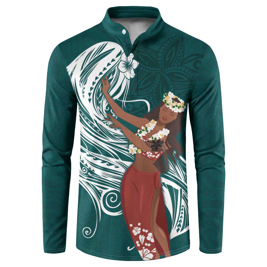 Tahiti Islands Polynesian Plumeria Button Sweatshirt Tahitian Vahine 'Ote'a - Teal LT7 Teal - Polynesian Pride