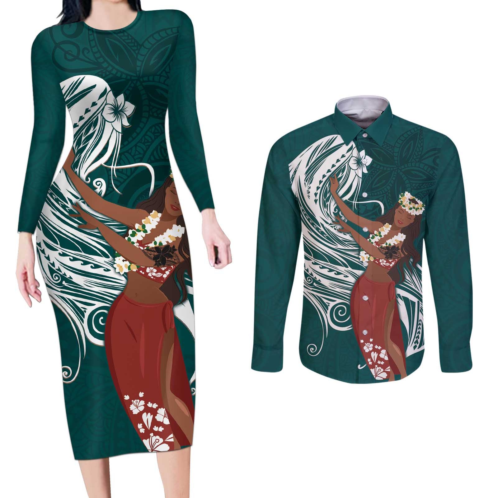 Tahiti Islands Polynesian Plumeria Couples Matching Long Sleeve Bodycon Dress and Long Sleeve Button Shirt Tahitian Vahine 'Ote'a - Teal LT7 Teal - Polynesian Pride