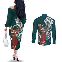 Tahiti Islands Polynesian Plumeria Couples Matching Off The Shoulder Long Sleeve Dress and Long Sleeve Button Shirt Tahitian Vahine 'Ote'a - Teal LT7 - Polynesian Pride