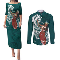 Tahiti Islands Polynesian Plumeria Couples Matching Puletasi and Long Sleeve Button Shirt Tahitian Vahine 'Ote'a - Teal LT7 Teal - Polynesian Pride