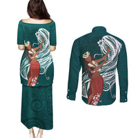 Tahiti Islands Polynesian Plumeria Couples Matching Puletasi and Long Sleeve Button Shirt Tahitian Vahine 'Ote'a - Teal LT7 - Polynesian Pride
