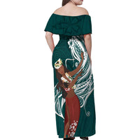 Tahiti Islands Polynesian Plumeria Family Matching Off Shoulder Maxi Dress and Hawaiian Shirt Tahitian Vahine 'Ote'a - Teal