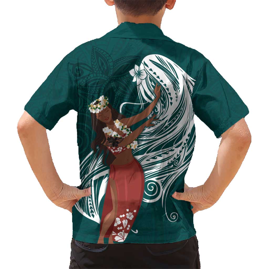 Tahiti Islands Polynesian Plumeria Kid Hawaiian Shirt Tahitian Vahine 'Ote'a - Teal