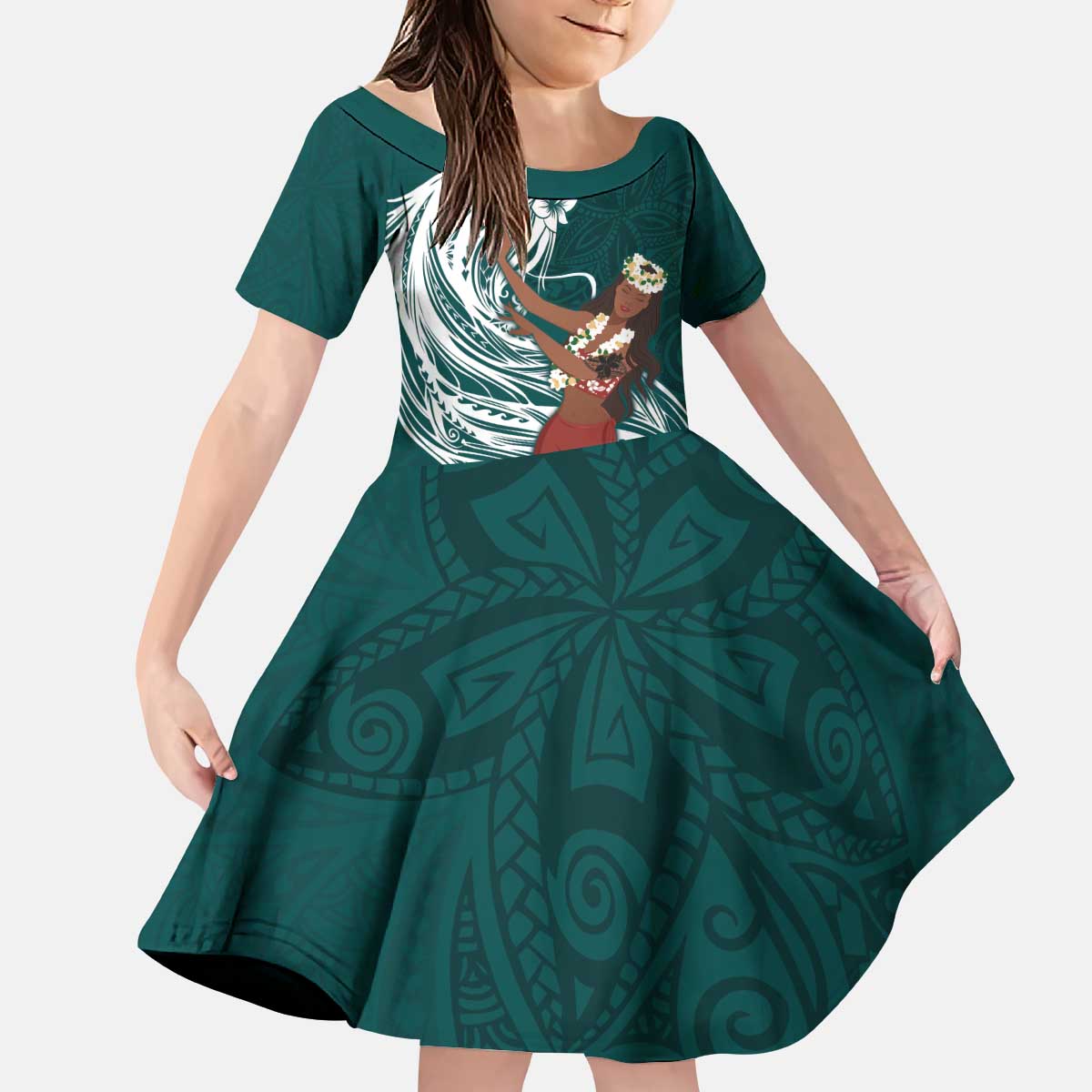 Tahiti Islands Polynesian Plumeria Kid Short Sleeve Dress Tahitian Vahine 'Ote'a - Teal LT7 KID Teal - Polynesian Pride