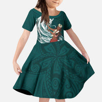 Tahiti Islands Polynesian Plumeria Kid Short Sleeve Dress Tahitian Vahine 'Ote'a - Teal LT7 KID Teal - Polynesian Pride