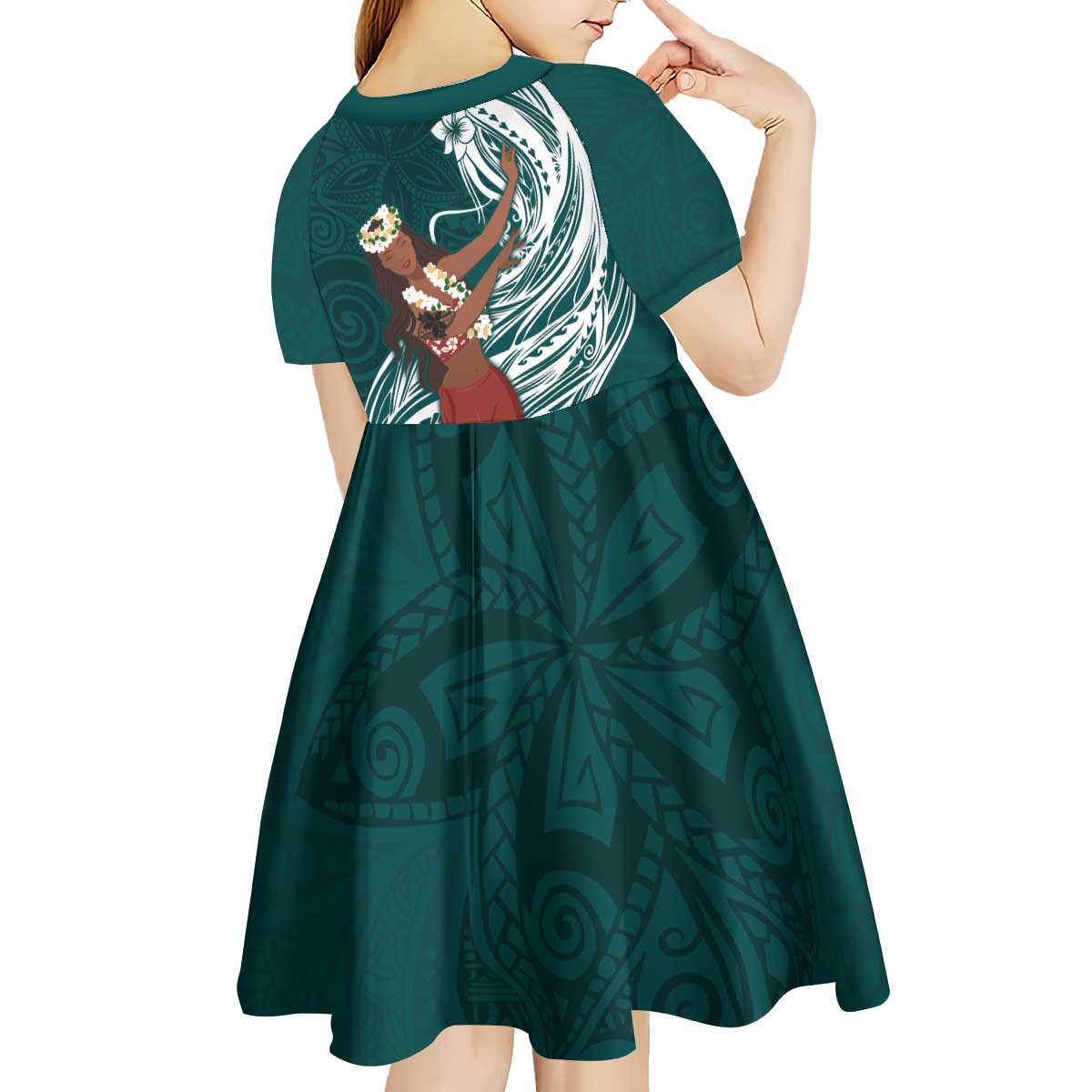 Tahiti Islands Polynesian Plumeria Kid Short Sleeve Dress Tahitian Vahine 'Ote'a - Teal LT7 - Polynesian Pride