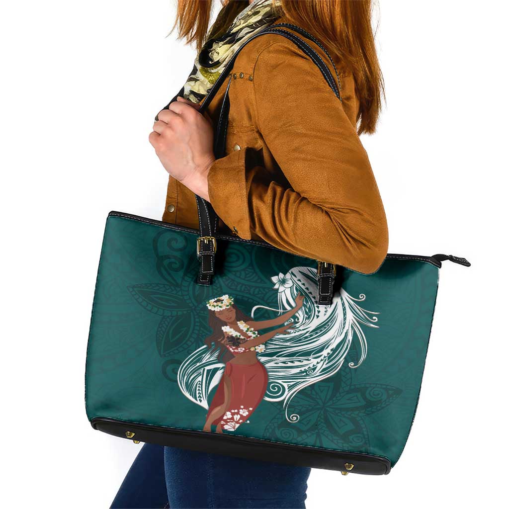 Tahiti Islands Polynesian Plumeria Leather Tote Bag Tahitian Vahine 'Ote'a - Teal LT7 Teal - Polynesian Pride