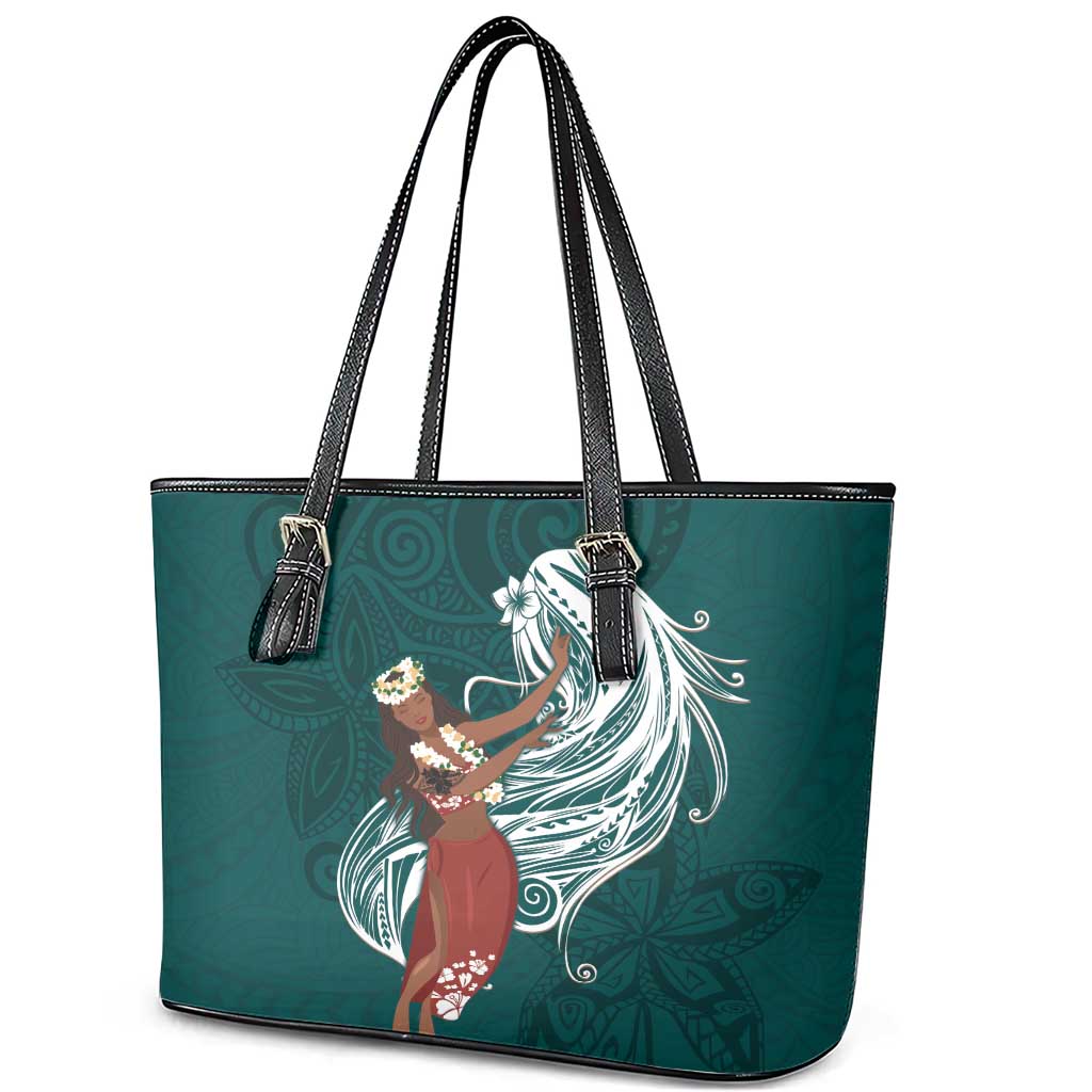 Tahiti Islands Polynesian Plumeria Leather Tote Bag Tahitian Vahine 'Ote'a - Teal LT7 - Polynesian Pride