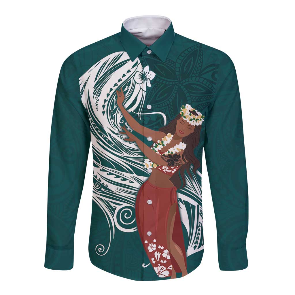 Tahiti Islands Polynesian Plumeria Long Sleeve Button Shirt Tahitian Vahine 'Ote'a - Teal LT7 Unisex Teal - Polynesian Pride