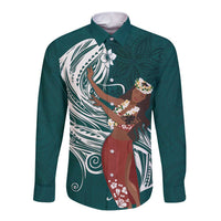 Tahiti Islands Polynesian Plumeria Long Sleeve Button Shirt Tahitian Vahine 'Ote'a - Teal LT7 Unisex Teal - Polynesian Pride