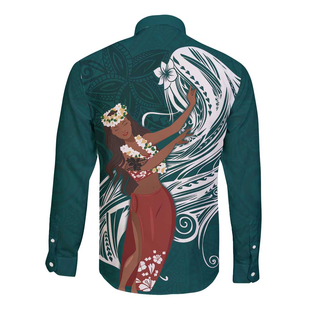 Tahiti Islands Polynesian Plumeria Long Sleeve Button Shirt Tahitian Vahine 'Ote'a - Teal LT7 - Polynesian Pride