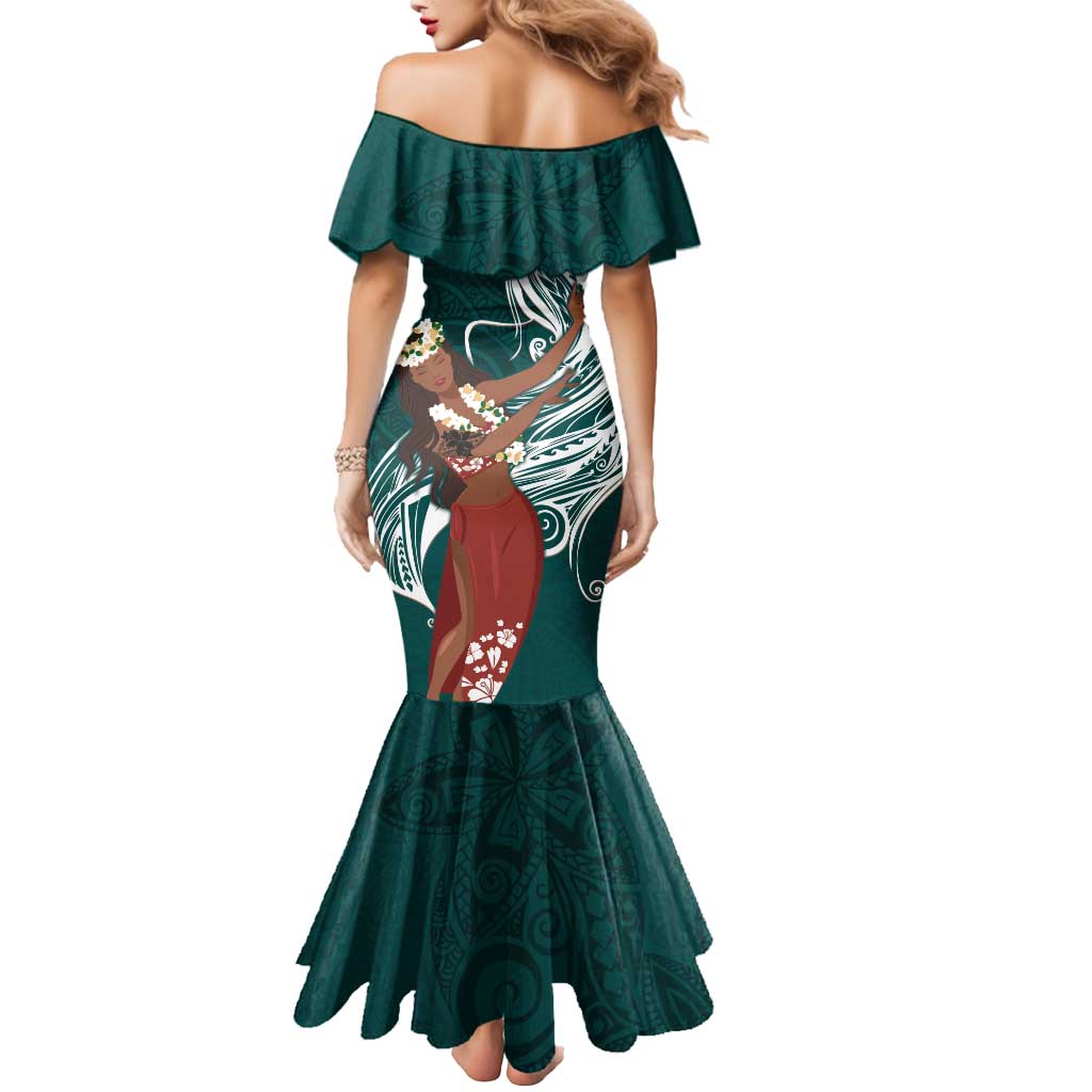 Tahiti Islands Polynesian Plumeria Mermaid Dress Tahitian Vahine 'Ote'a - Teal LT7 - Polynesian Pride