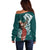 Tahiti Islands Polynesian Plumeria Off Shoulder Sweater Tahitian Vahine 'Ote'a - Teal