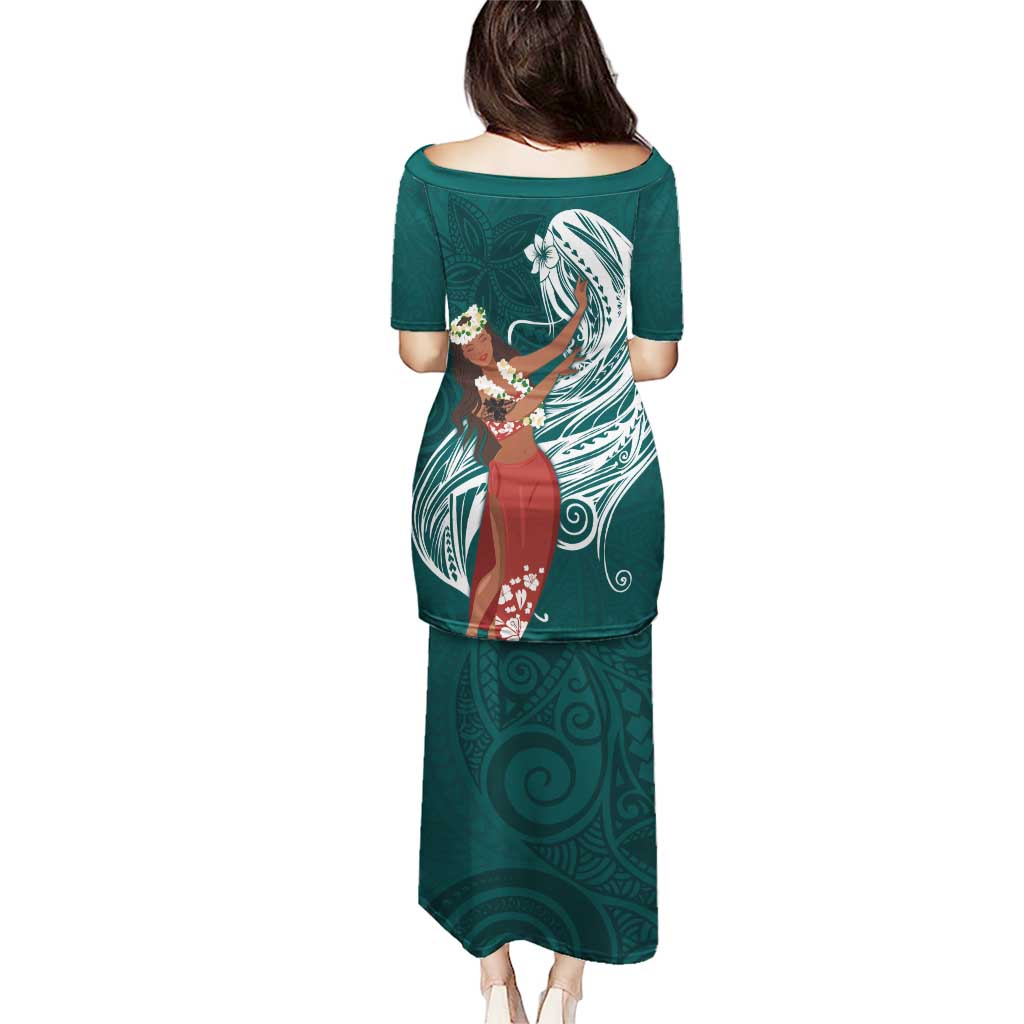 Tahiti Islands Polynesian Plumeria Puletasi Tahitian Vahine 'Ote'a - Teal