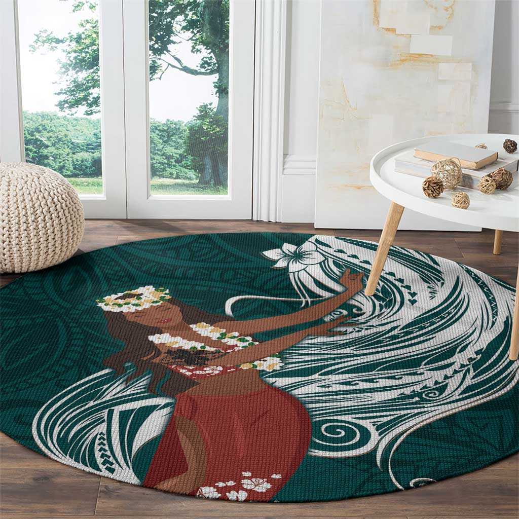 Tahiti Islands Polynesian Plumeria Round Carpet Tahitian Vahine 'Ote'a - Teal