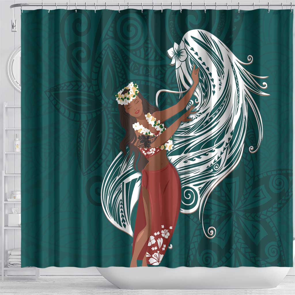 Tahiti Islands Polynesian Plumeria Shower Curtain Tahitian Vahine 'Ote'a - Teal LT7 - Polynesian Pride