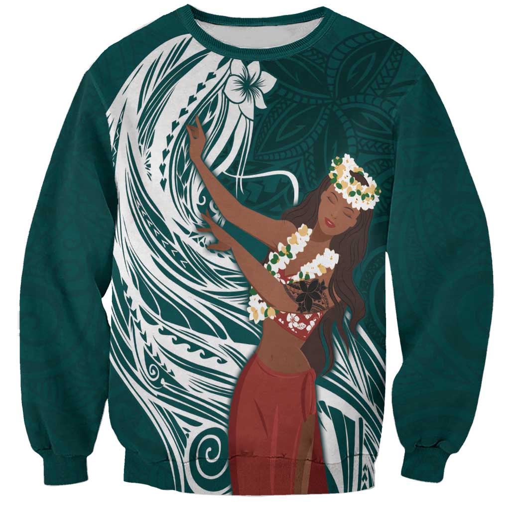 Tahiti Islands Polynesian Plumeria Sweatshirt Tahitian Vahine 'Ote'a - Teal LT7 Unisex Teal - Polynesian Pride