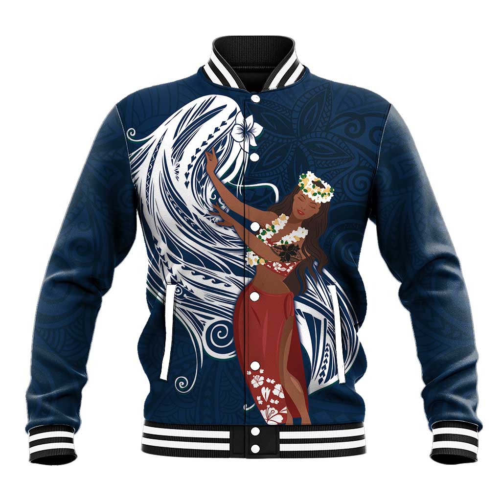 Tahiti Islands Polynesian Plumeria Baseball Jacket Tahitian Vahine 'Ote'a - Navy Blue LT7 Unisex Blue - Polynesian Pride