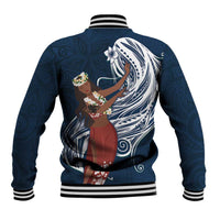 Tahiti Islands Polynesian Plumeria Baseball Jacket Tahitian Vahine 'Ote'a - Navy Blue