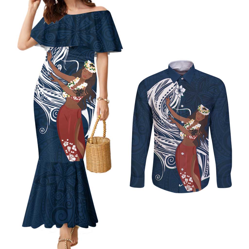 Tahiti Islands Polynesian Plumeria Couples Matching Mermaid Dress and Long Sleeve Button Shirt Tahitian Vahine 'Ote'a - Navy Blue LT7 Blue - Polynesian Pride