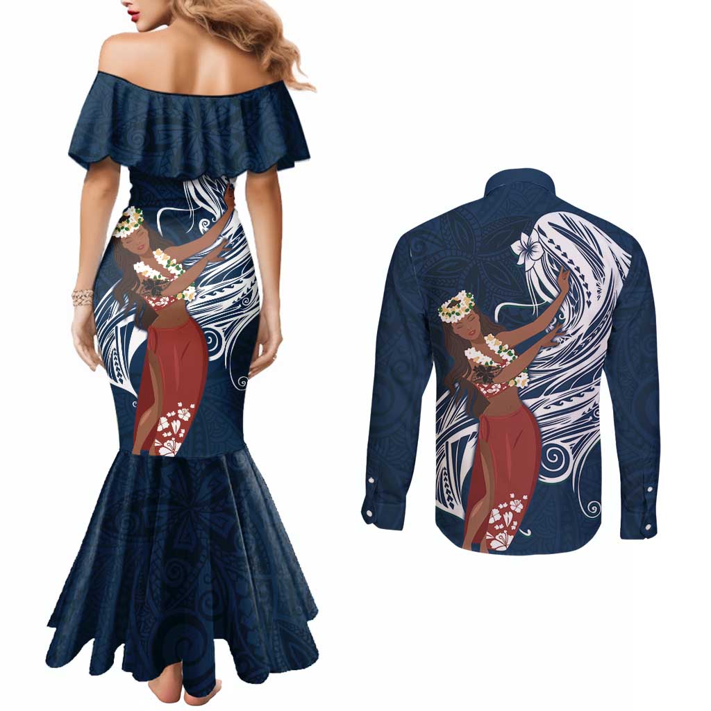 Tahiti Islands Polynesian Plumeria Couples Matching Mermaid Dress and Long Sleeve Button Shirt Tahitian Vahine 'Ote'a - Navy Blue