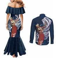 Tahiti Islands Polynesian Plumeria Couples Matching Mermaid Dress and Long Sleeve Button Shirt Tahitian Vahine 'Ote'a - Navy Blue