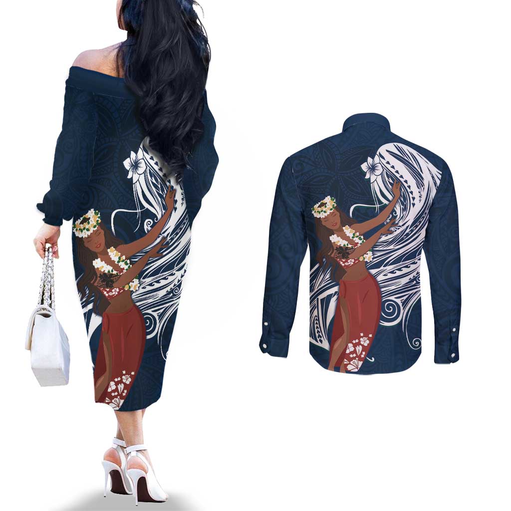 Tahiti Islands Polynesian Plumeria Couples Matching Off The Shoulder Long Sleeve Dress and Long Sleeve Button Shirt Tahitian Vahine 'Ote'a - Navy Blue