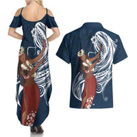 Tahiti Islands Polynesian Plumeria Couples Matching Summer Maxi Dress and Hawaiian Shirt Tahitian Vahine 'Ote'a - Navy Blue