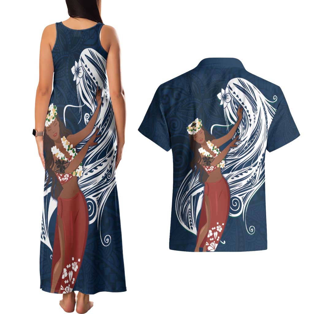 Tahiti Islands Polynesian Plumeria Couples Matching Tank Maxi Dress and Hawaiian Shirt Tahitian Vahine 'Ote'a - Navy Blue