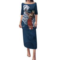 Tahiti Islands Polynesian Plumeria Family Matching Puletasi and Hawaiian Shirt Tahitian Vahine 'Ote'a - Navy Blue