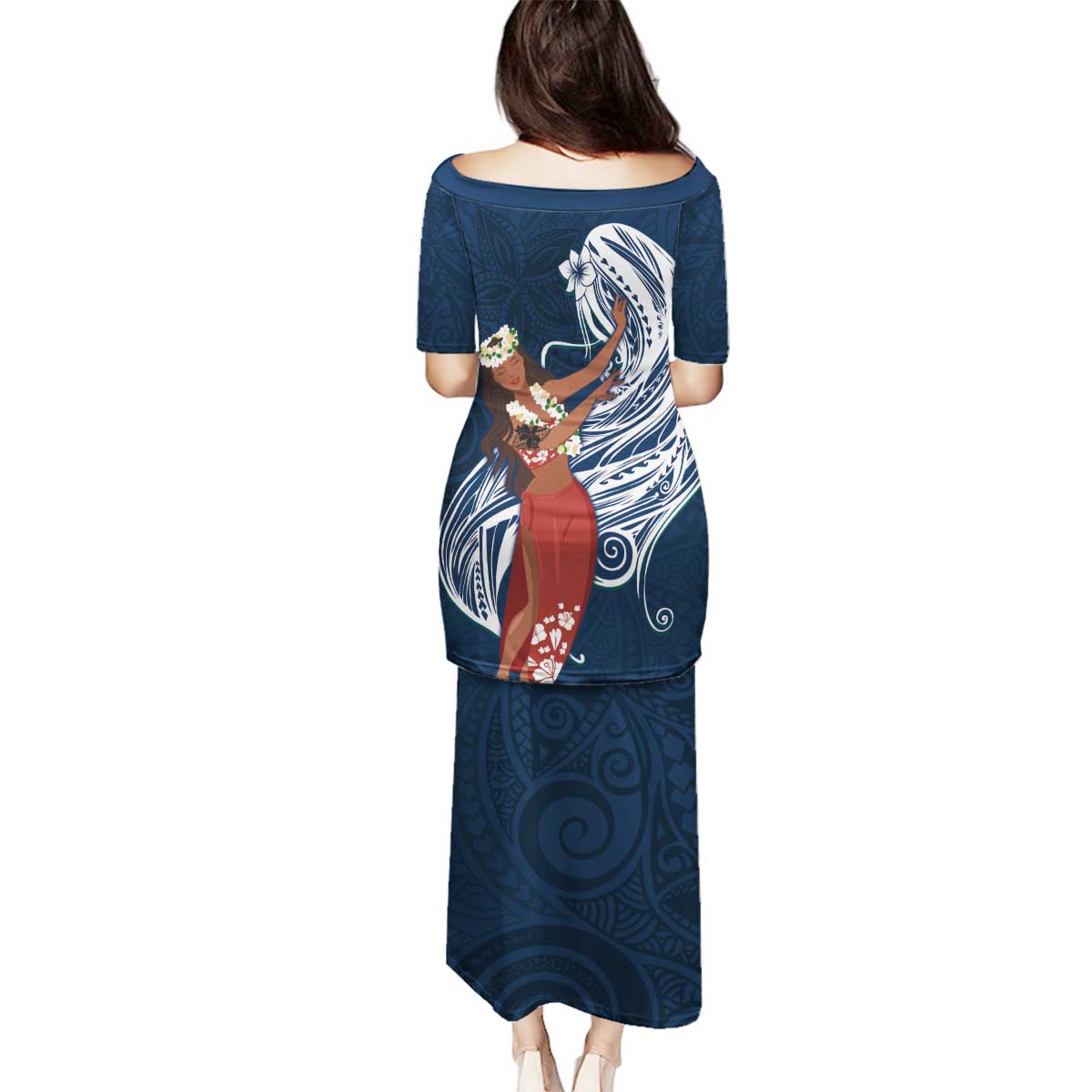 Tahiti Islands Polynesian Plumeria Family Matching Puletasi and Hawaiian Shirt Tahitian Vahine 'Ote'a - Navy Blue