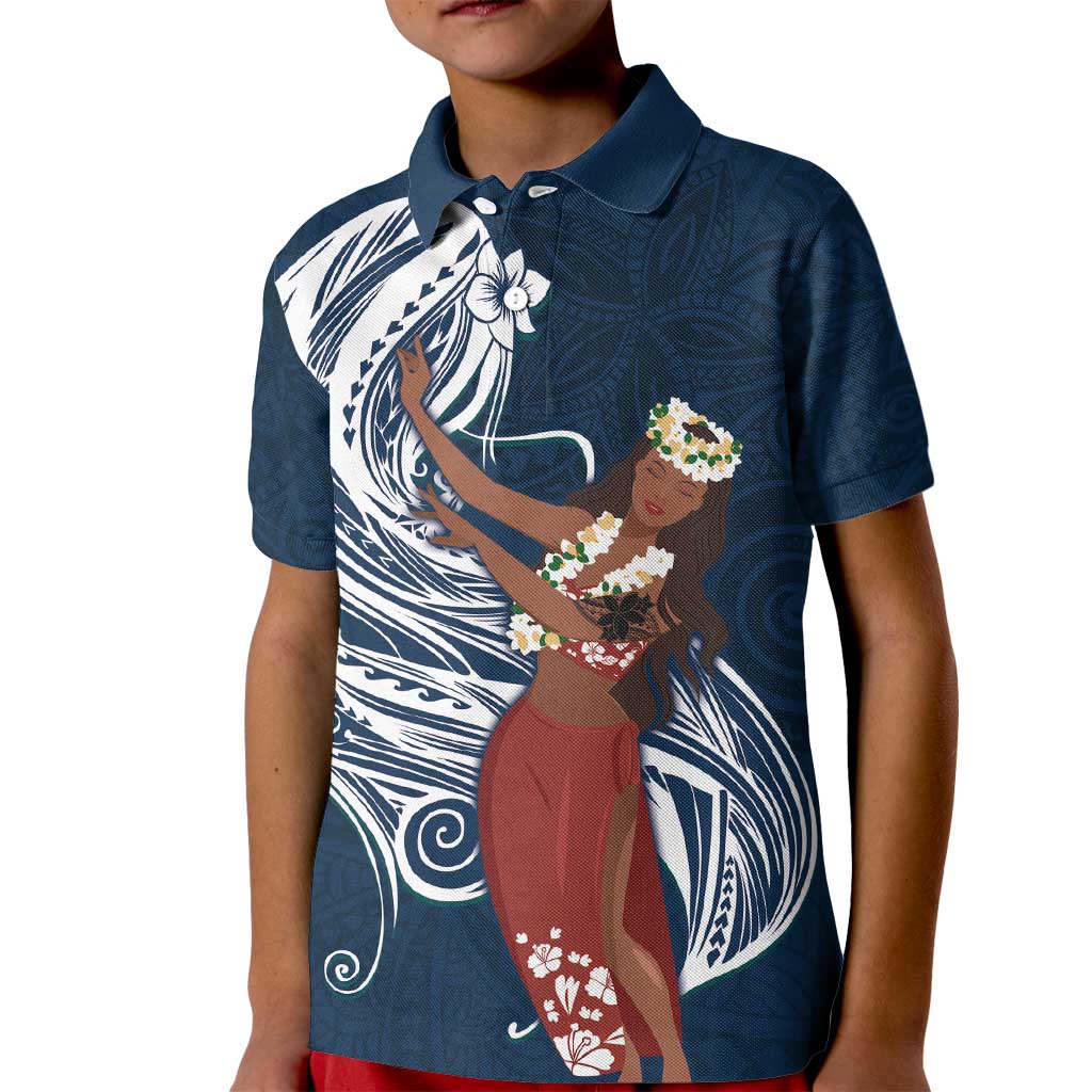 Tahiti Islands Polynesian Plumeria Kid Polo Shirt Tahitian Vahine 'Ote'a - Navy Blue LT7 Kid Blue - Polynesian Pride