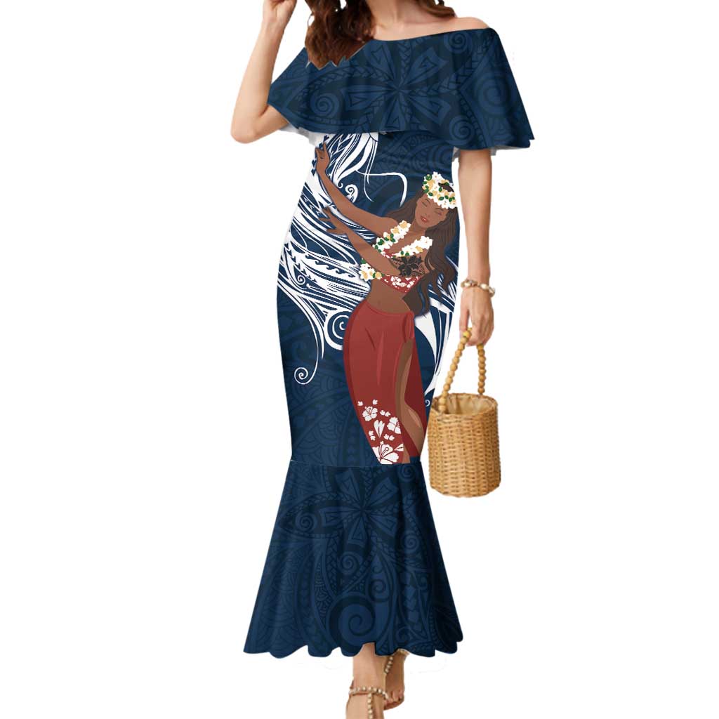 Tahiti Islands Polynesian Plumeria Mermaid Dress Tahitian Vahine 'Ote'a - Navy Blue