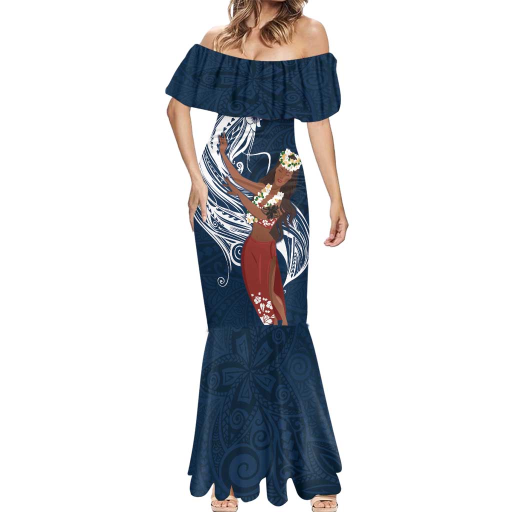 Tahiti Islands Polynesian Plumeria Mermaid Dress Tahitian Vahine 'Ote'a - Navy Blue LT7 - Polynesian Pride