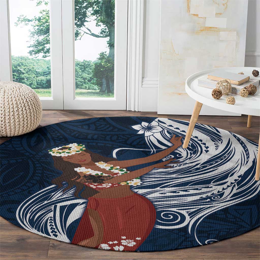 Tahiti Islands Polynesian Plumeria Round Carpet Tahitian Vahine 'Ote'a - Navy Blue