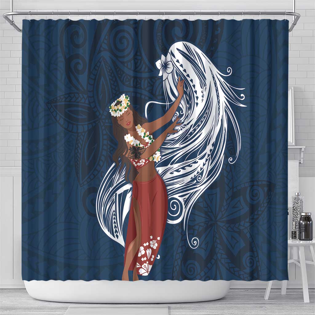 Tahiti Islands Polynesian Plumeria Shower Curtain Tahitian Vahine 'Ote'a - Navy Blue LT7 - Polynesian Pride