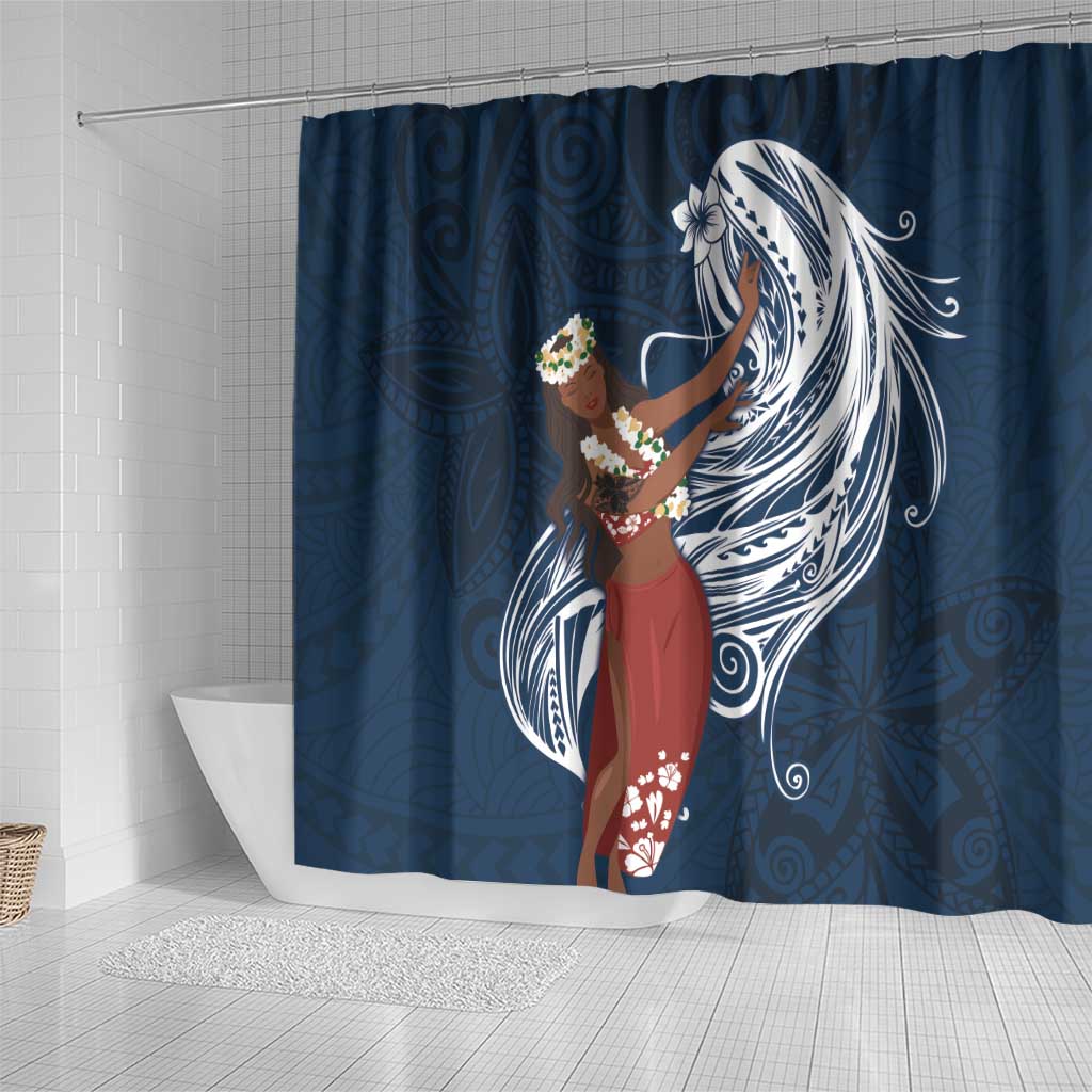 Tahiti Islands Polynesian Plumeria Shower Curtain Tahitian Vahine 'Ote'a - Navy Blue LT7 - Polynesian Pride