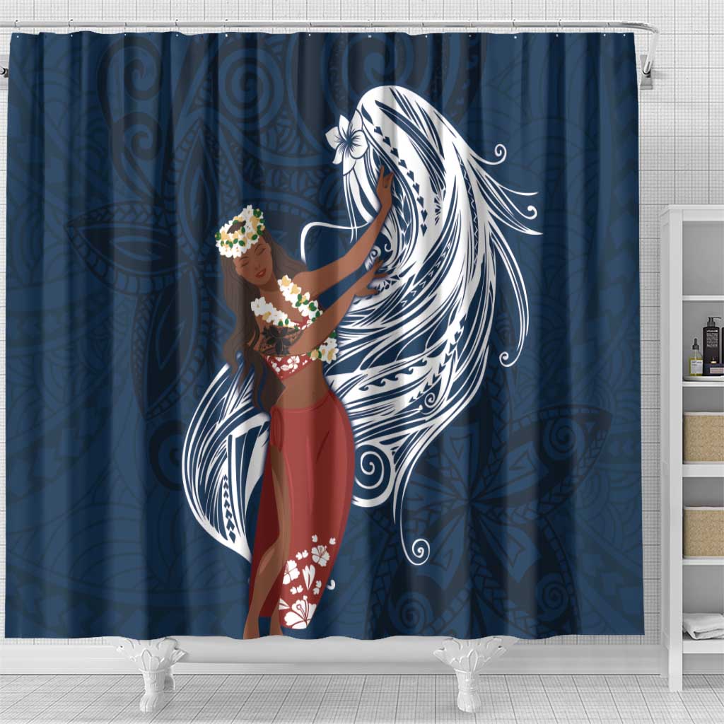 Tahiti Islands Polynesian Plumeria Shower Curtain Tahitian Vahine 'Ote'a - Navy Blue LT7 - Polynesian Pride
