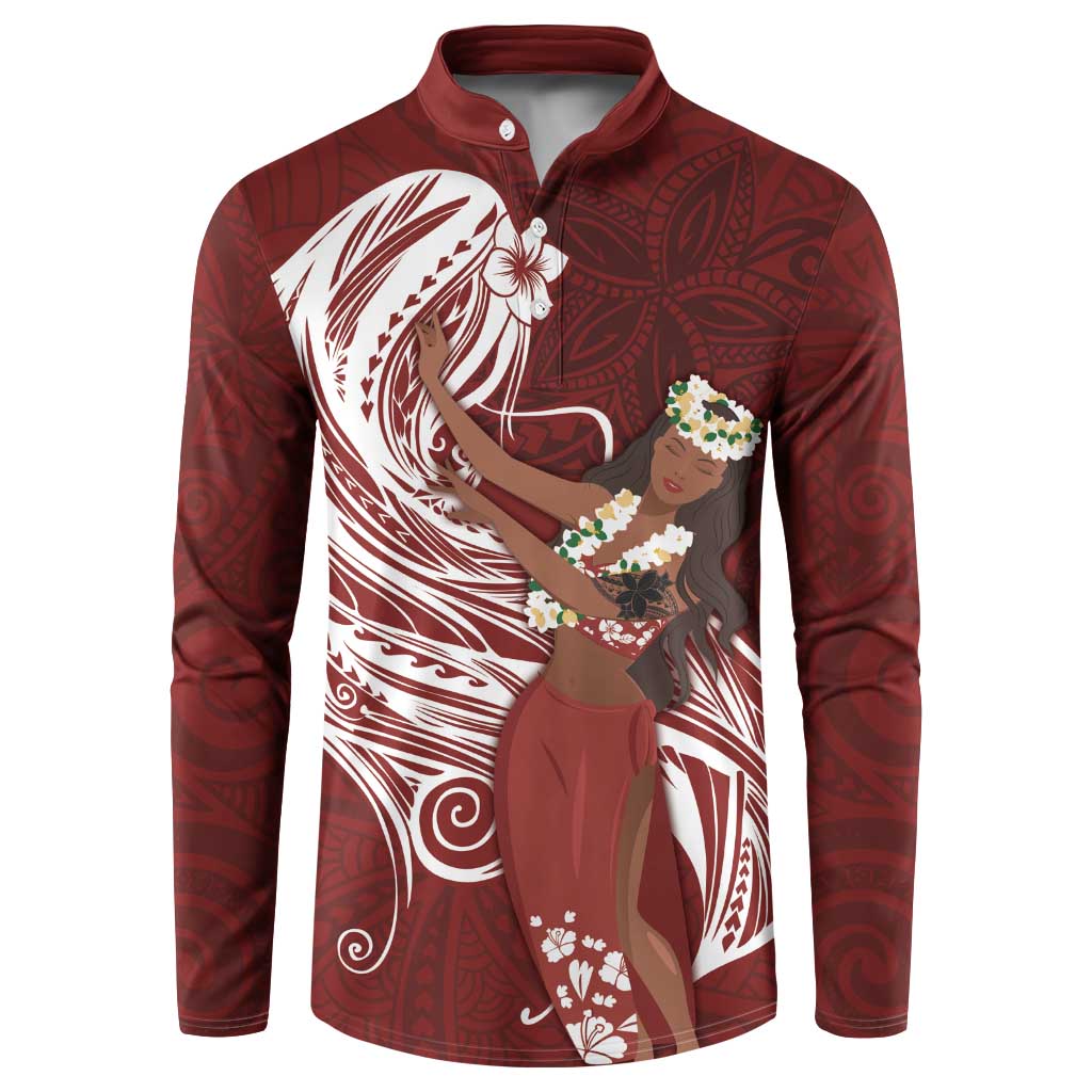 Tahiti Islands Polynesian Plumeria Button Sweatshirt Tahitian Vahine 'Ote'a - Scarlet LT7 Red - Polynesian Pride