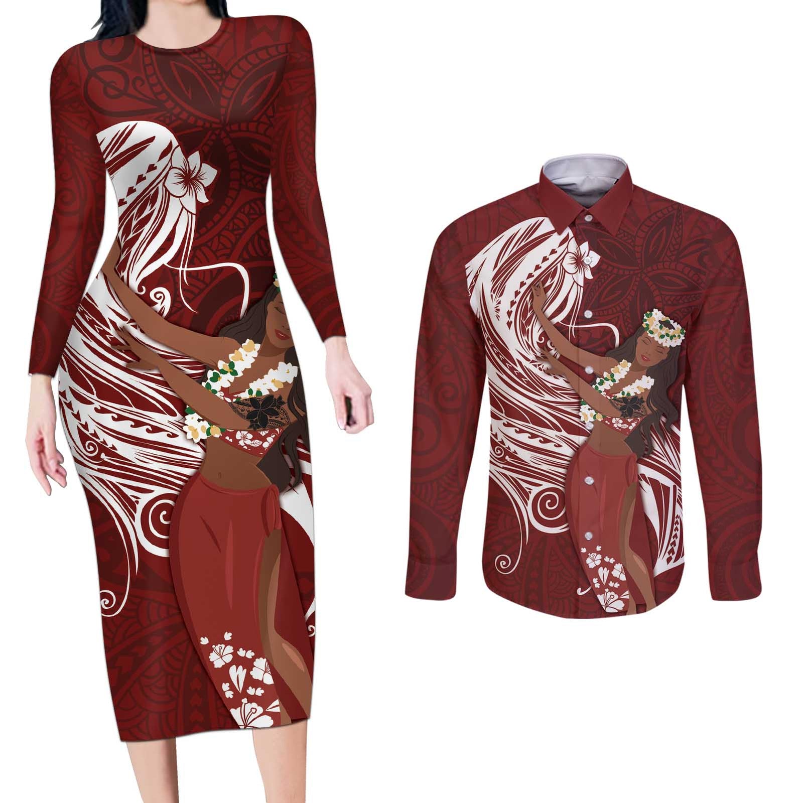Tahiti Islands Polynesian Plumeria Couples Matching Long Sleeve Bodycon Dress and Long Sleeve Button Shirt Tahitian Vahine 'Ote'a - Scarlet LT7 Red - Polynesian Pride
