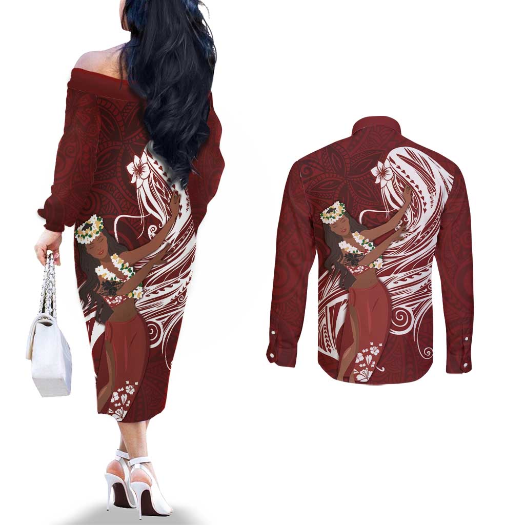 Tahiti Islands Polynesian Plumeria Couples Matching Off The Shoulder Long Sleeve Dress and Long Sleeve Button Shirt Tahitian Vahine 'Ote'a - Scarlet LT7 - Polynesian Pride