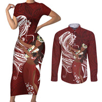 Tahiti Islands Polynesian Plumeria Couples Matching Short Sleeve Bodycon Dress and Long Sleeve Button Shirt Tahitian Vahine 'Ote'a - Scarlet LT7 Red - Polynesian Pride