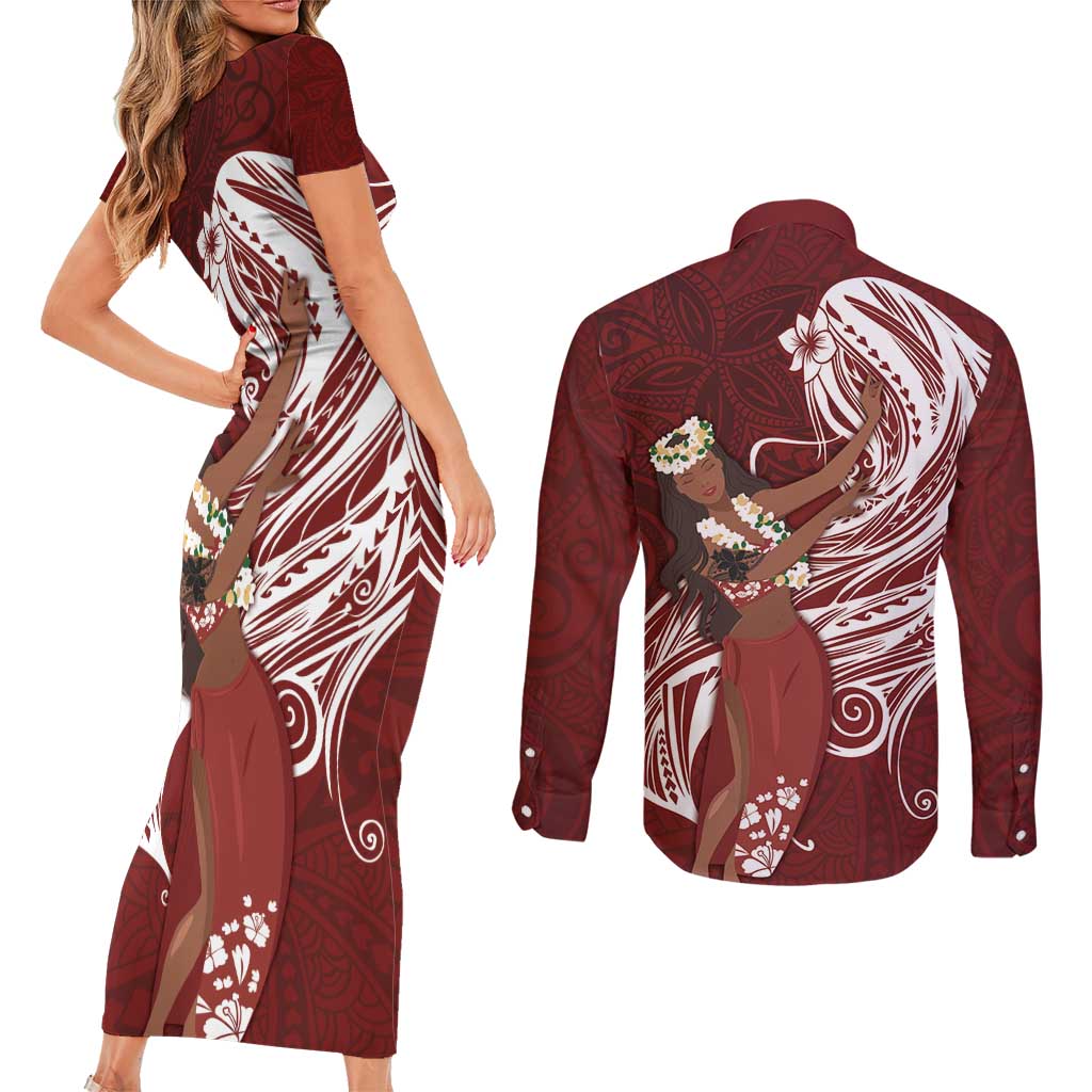 Tahiti Islands Polynesian Plumeria Couples Matching Short Sleeve Bodycon Dress and Long Sleeve Button Shirt Tahitian Vahine 'Ote'a - Scarlet LT7 - Polynesian Pride