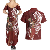 Tahiti Islands Polynesian Plumeria Couples Matching Summer Maxi Dress and Hawaiian Shirt Tahitian Vahine 'Ote'a - Scarlet