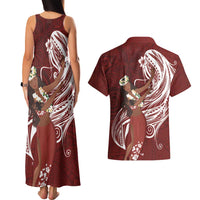 Tahiti Islands Polynesian Plumeria Couples Matching Tank Maxi Dress and Hawaiian Shirt Tahitian Vahine 'Ote'a - Scarlet