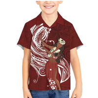 Tahiti Islands Polynesian Plumeria Family Matching Mermaid Dress and Hawaiian Shirt Tahitian Vahine 'Ote'a - Scarlet