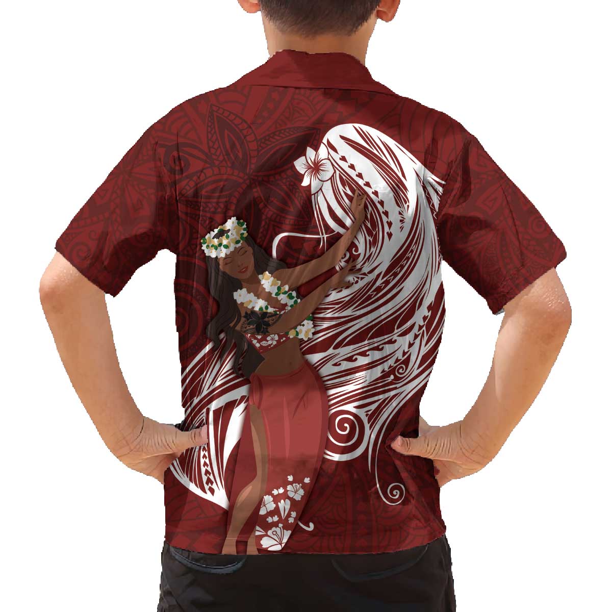 Tahiti Islands Polynesian Plumeria Family Matching Puletasi and Hawaiian Shirt Tahitian Vahine 'Ote'a - Scarlet