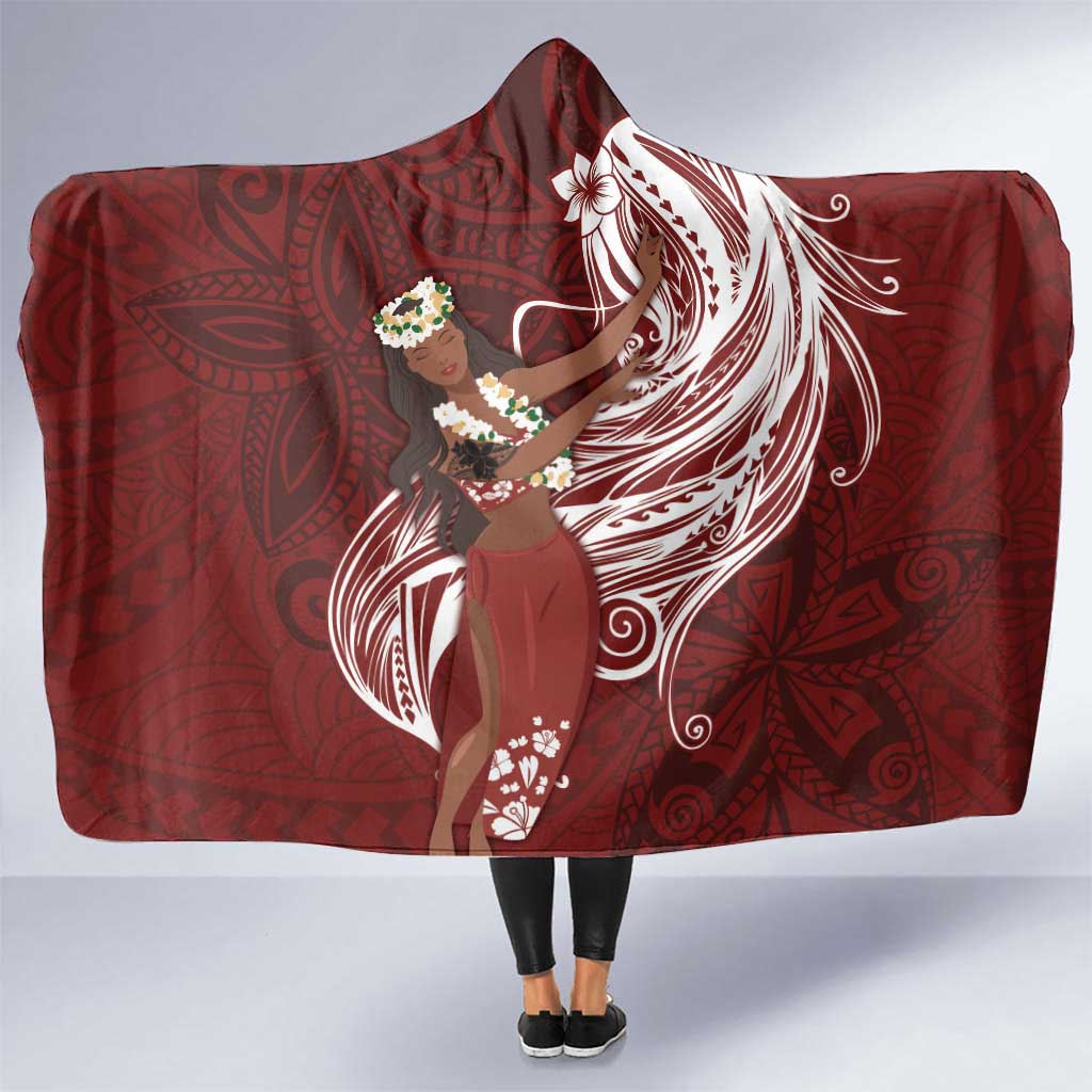 Tahiti Islands Polynesian Plumeria Hooded Blanket Tahitian Vahine 'Ote'a - Scarlet